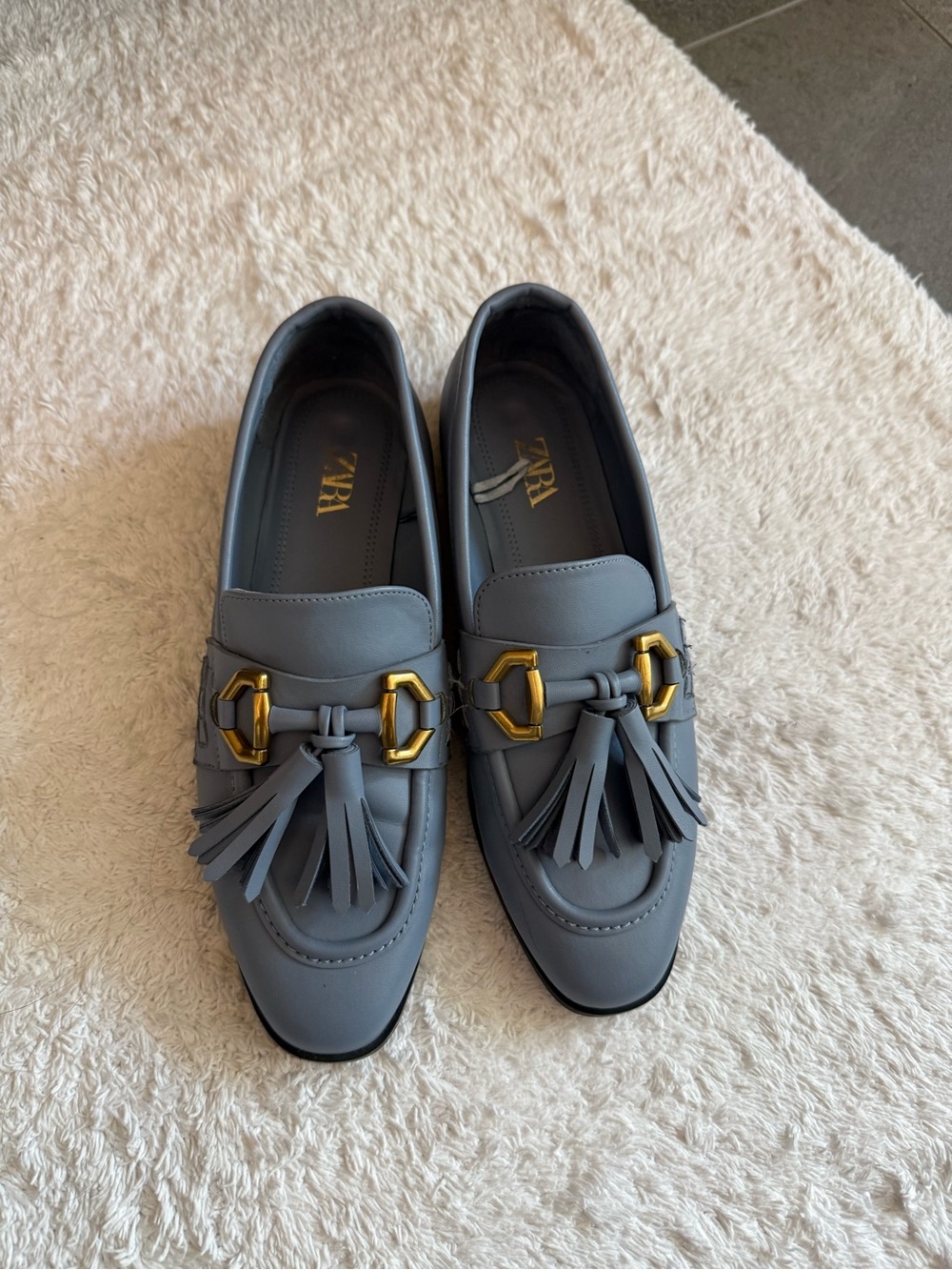 Zara Blue Tassel Loafers with Gold Buckle Detail size 7